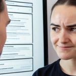 A product designer intently observing a user interacting with a digital product. The user's face subtly reveals frustration (furrowed brow) and eventual triumph (slight smile), contrasting with a generic survey form dimly in the background. Emphasize raw, unfiltered human emotion over quantitative data points, capturing the essence of genuine empathy in product development.