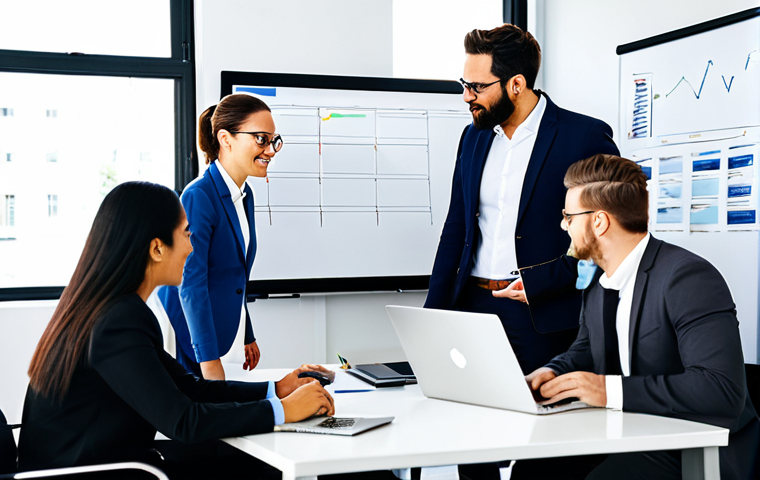 **
A diverse team of professionals brainstorming around a whiteboard in a modern, brightly lit office. They are fully clothed in business casual attire, discussing metrics and core values. Laptops and coffee cups are scattered on the table. The atmosphere is collaborative and energetic. safe for work, appropriate content, fully clothed, professional, perfect anatomy, natural proportions, high quality.
**