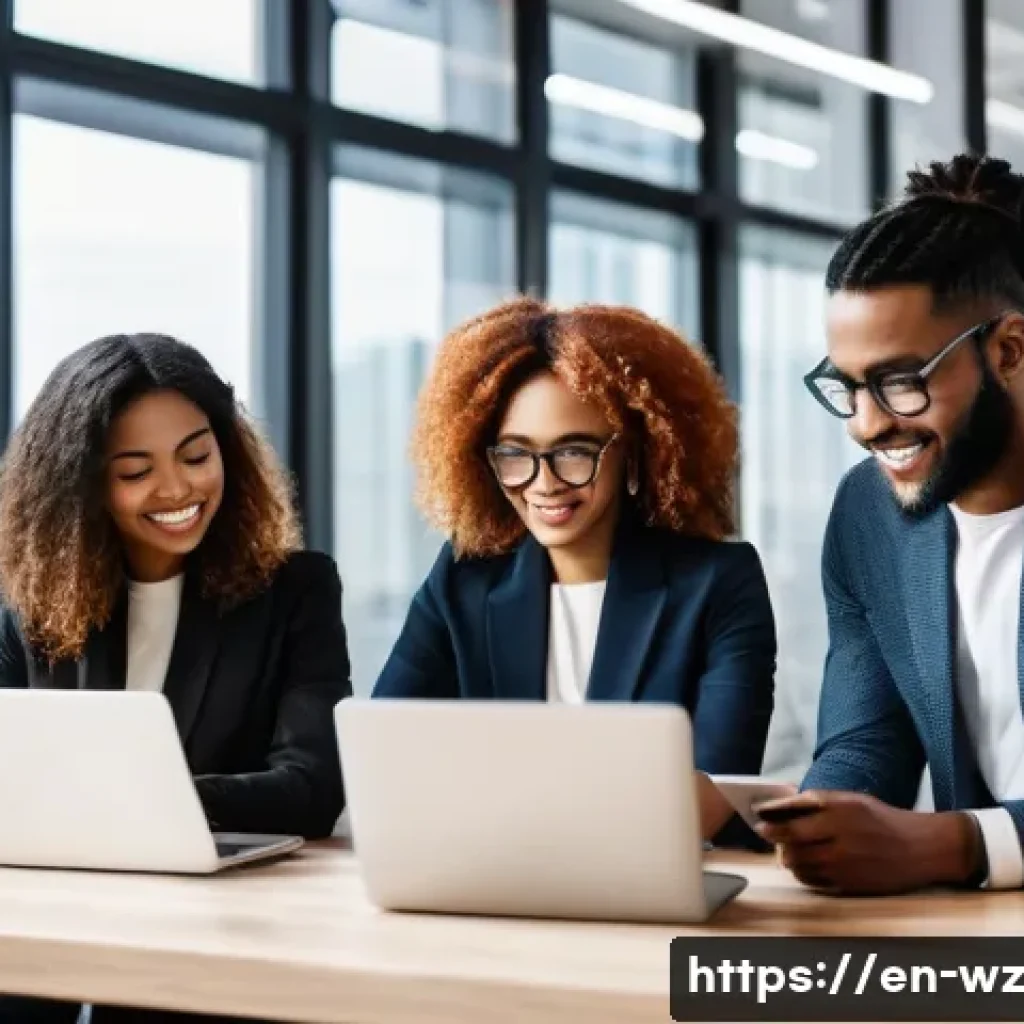 MVP 개발에서 소셜 미디어 활용 - A modern workspace scene featuring a diverse group of young professionals collaborating around a lap...