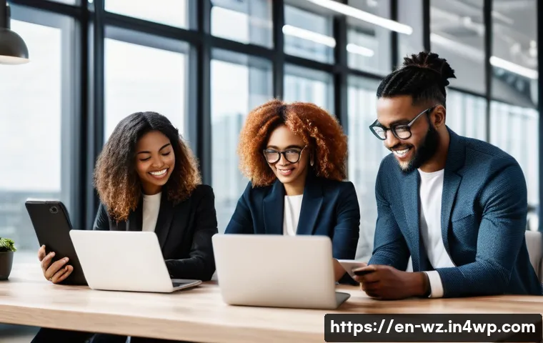 MVP 개발에서 소셜 미디어 활용 - A modern workspace scene featuring a diverse group of young professionals collaborating around a lap...