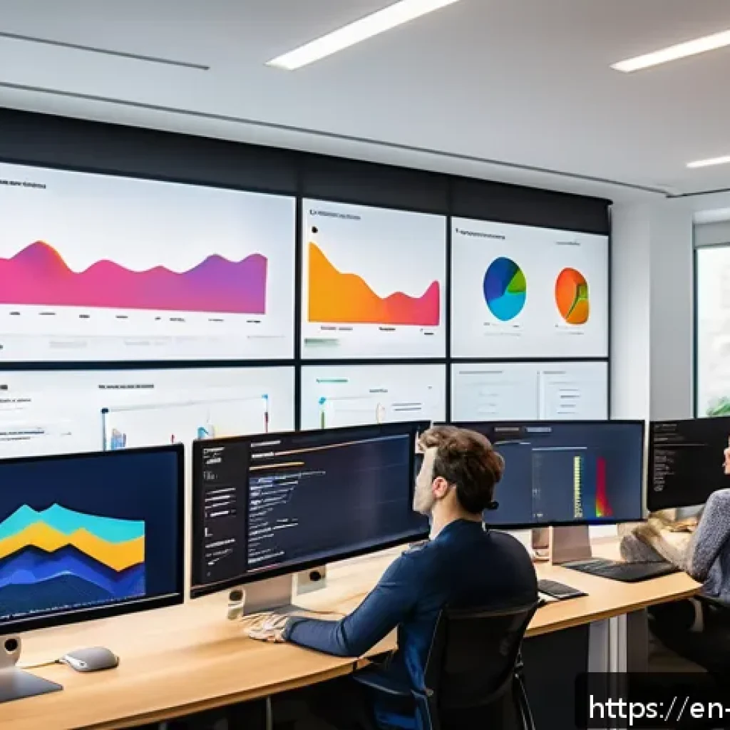 MVP에서의 사용자 참여 방법 - A modern startup office scene showing a diverse product team analyzing large digital screens display...