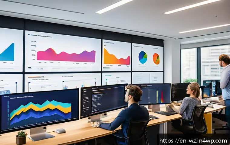 MVP에서의 사용자 참여 방법 - A modern startup office scene showing a diverse product team analyzing large digital screens display...