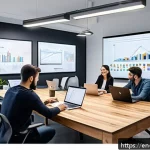 MVP와 지속 가능한 혁신 - A modern startup office scene showing a diverse team collaborating around a large table filled with ...