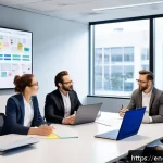 MVP 개발을 위한 커뮤니케이션 전략 - A diverse, cross-functional team gathered around a large conference table in a modern office space, ...