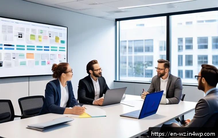 MVP 개발을 위한 커뮤니케이션 전략 - A diverse, cross-functional team gathered around a large conference table in a modern office space, ...