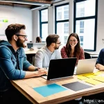 MVP 개발 시 리더십과 팀워크의 관계 - A diverse, cross-functional startup team collaborating in a modern open office, with engineers, desi...