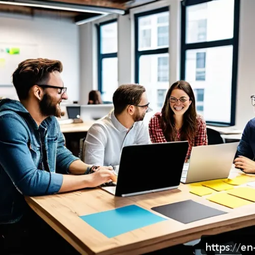 MVP 개발 시 리더십과 팀워크의 관계 - A diverse, cross-functional startup team collaborating in a modern open office, with engineers, desi...