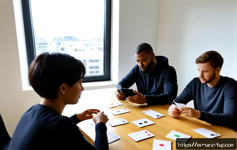 MVP의 기능 우선순위 설정하기 - Photorealistic startup planning session in a bright modern American coworking office, diverse small ...