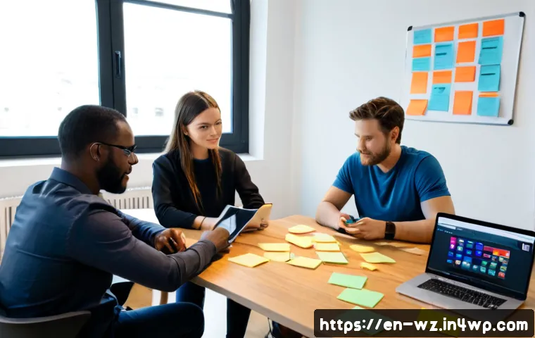 MVP 개발의 최적화 기법 - Photorealistic startup product team in a bright modern coworking studio, three diverse professionals...